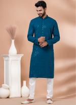 Viscose Rayon Teal Green Traditional Wear Embroidery Work Kurta Pajama